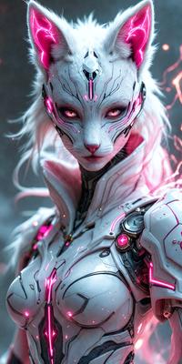 The primary subject of the image is a woman with white hair and a white face, wearing a futuristic, high-tech outfit. The setting is a dark room, and the visual style appears to be a combination of digital art and illustration. The woman's outfit is predominantly white, and the overall atmosphere is mysterious and intriguing.